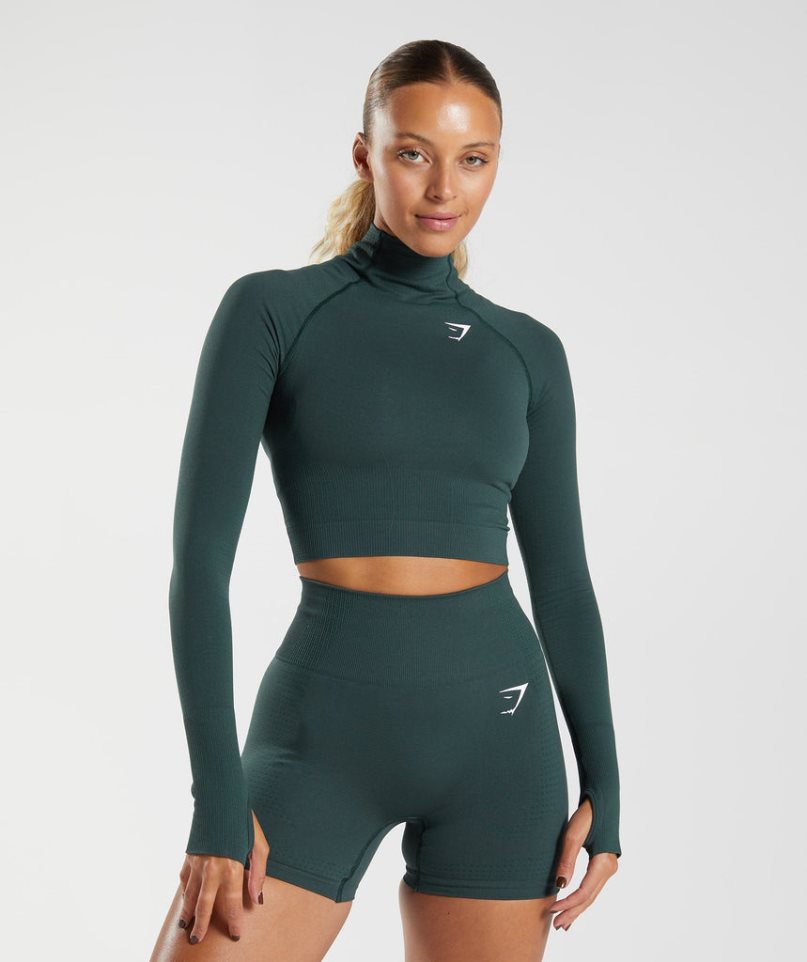 Przycięte Topy Gymshark Vital Seamless 2.0 High Neck Midi Damskie Ciemny Zielone | PL 718IJQ